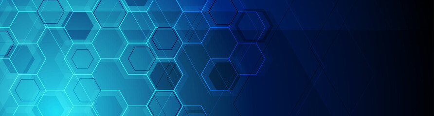 Bright blue abstract tech hexagonal geometrical background. Vector banner design