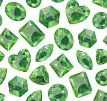 Pattern From Green Crystals On A White Background. Stones Of Various Shapes. Jewelry.