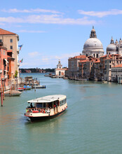 View of Canal Grande in the Island of Venice and only ferry boat during lockdown