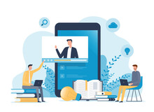 Vector Illustration Design Online Education And E-learning At Home By Webinar Training And Design For Webinar, Online Video Training, Tutorial Podcast And Business Coaching Concept.