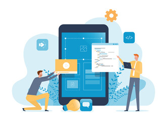 Poster - Business mobile application developer and designer team working process concept. 