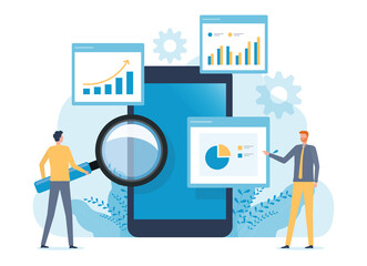 Fototapete - business people analytics and monitoring report dashboard on mobile phone application monitor concept and flat vector illustration design data analytics research for business finance planning.