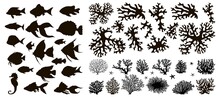 Set Of Underwater Objects. Set Of Fish And Corals Vector Silhouettes Black Isolated On White Background In Monochrome Style.