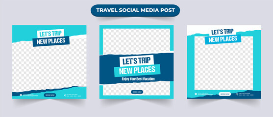 Wall Mural - Flat vacation tour and travel sale social media post banner with editable photo for traveling agency business promotion design template