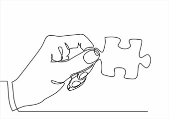 Wall Mural - continuous line drawing of hand holding puzzle piece as a solution.Business matching - connecting puzzle elements.  Puzzle game symbol and iconic business metaphor for problem solving, solution.