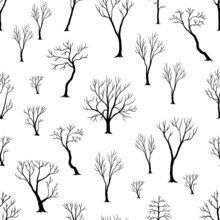Naked Trees Pattern. Seamless Print With Black Plant Trunks And Branches Silhouette. Dry Forest. Botanical Background. Dead Deciduous Woodland. Winter Nature Landscape. Vector Texture