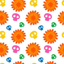 Marigolds Pattern With Colorful Skulls On The White Background Cartoon Vector Pattern.