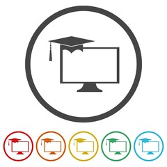 Poster - Computer and graduation cap on screen icon sign. Set icons colorful