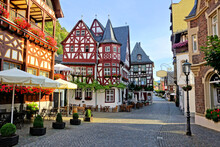 Beautiful Street Of Half Timbered Buildings In The Picturesque Old Village Of Bacharach, Rhine Region, Germany