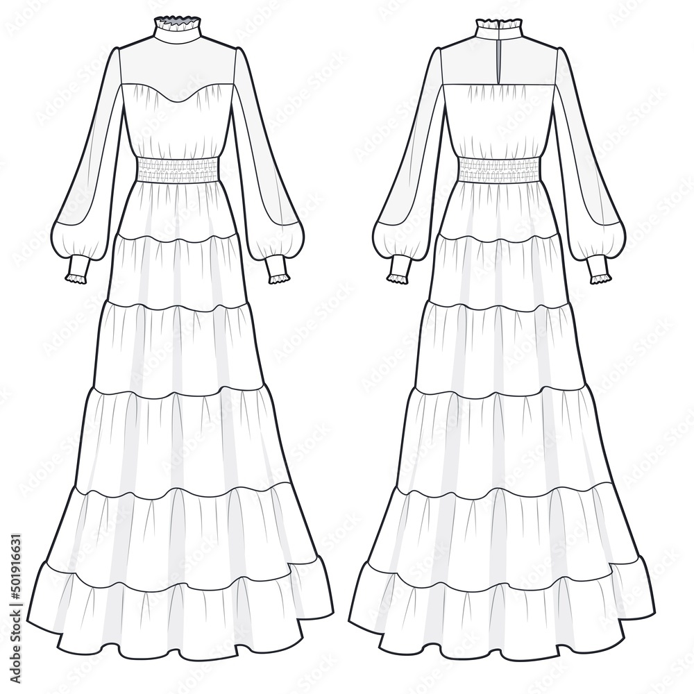 long sleeved dress drawing Lace Bell Sleeve Long Train Prom Dress Sketch