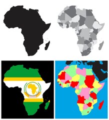 africa maps set vector drawing illustration collection silhouette african union flag political and a