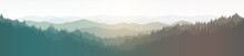 Landscape Of Mountains And Pine Forests At Sunset.
 Vector Illustration Of Natural Forest Background.