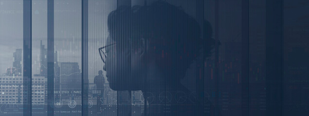 Leinwandbilder - Businesswoman looking at city finance network connection on investor and Technology and digitalmarketing.customer with sale data exchange and development of business.