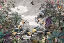 Wallpaper Jungle Tropical Forest Palm Tropical Birds Egrets Wild Rivers Ancient Water Vintage Painting Copy