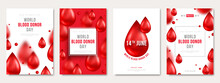 World Donor Day Set Of Posters Or Cards, Hospital Charity Medical Design With 3d Red Drops. Vector Illustration. Place For Text. Blood Donate Save Life, Leukemia Flyer, Anemia Banner Concept