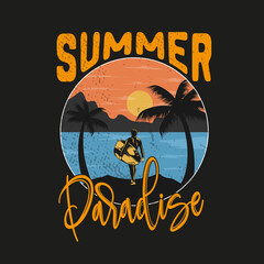 summer paradise, vintage style sunset surfing tee print design as a vector