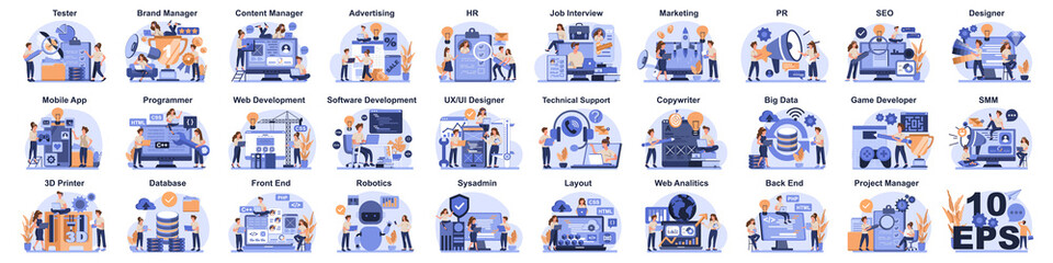 Big IT profession collection. Programmer write software and create code for computer. Coding script for project and app. Digital technology for website, interface and devices. Vector illustration.