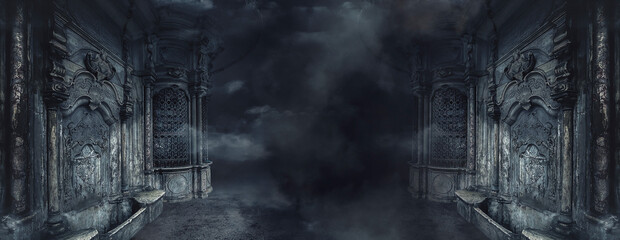 Wall Mural - Dark fantasy architectural landscape. Night landscape with fog, night view, street. Dramatic night scene. Smoke, smog, moonlight. Cold. 3D illustration.