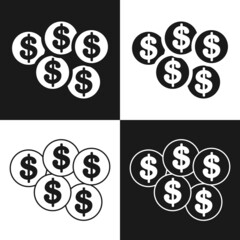 Fototapete - Four variants of minimalist coins with a dollar sign. Vector set of coins on a black or white background.