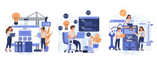 IT Profession Collection. Programmer Write Software And Create Code For Computer. Coding Script For Project And App. Digital Technology For Website, Interface And Devices. Vector Illustration.
