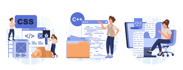 Wall Mural - it profession collection. programmer write software and create code for computer. coding script for 