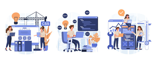 Wall Mural - it profession collection. programmer write software and create code for computer. coding script for 