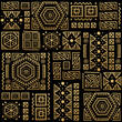 © Pictulandra - Mayan patchwork seamless pattern. Tribal geometric vector swatch. Zigzag background for cover design. Retro chevron line vector print. Navajo ornamental texture. Black and gold colors.