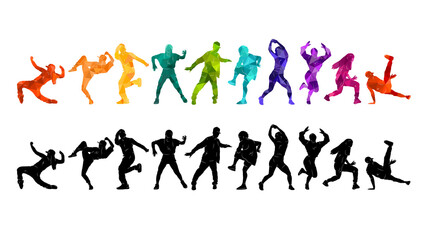 Detailed vector illustration silhouettes of expressive dance colorful group of people dancing. Jazz funk, hip-hop, house dance. Dancer man jumping on white background. Happy celebration.  Party.
