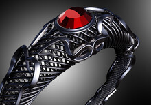 Gothic Ring. Jewelry For Finger With Precious Stone. Dark Ring In Gothic Style. Detailed Three-dimensional Accessory. Fashionable Precious Decoration On Gray. Red Diamond On Ring. 3d Rendering.