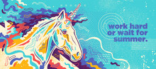 Abstract Summer Illustration In Graffiti Style With Unicorn And Colorful Splashing Shapes. Vector Illustration.