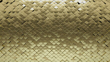 3D, Polished Mosaic Tiles Arranged In The Shape Of A Wall. Gold, Glossy, Bullion Stacked To Create A Arabesque Block Background. 3D Render