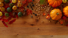 Harvest Background Including Gourds, Acorns, Autumn Leaves And Berries.