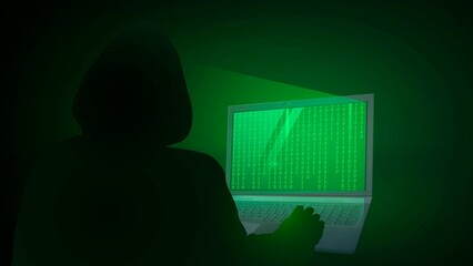 Hacker silhouette and laptop with green binary code