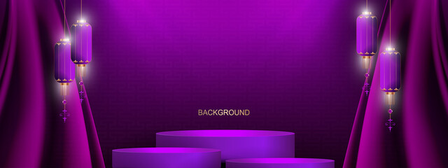 Wall Mural - Stage with curtains and burning lanterns, composition in purple hue