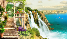 An Old House With Columns On The Cliff Of The Mountain. 3d Murals. 3d Image. Wallpaper On The Wall.