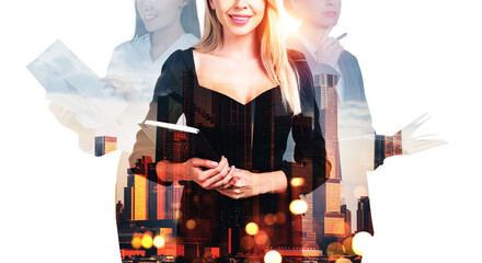 Poster - Businesswoman with notebook in hands, teamwork and New York city