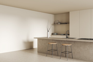 Poster - Light kitchen interior with island and seats, kitchenware. Mockup