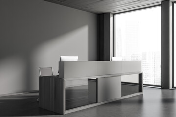 Grey reception interior desk with two computers and panoramic window, mockup