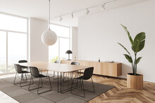 Light Office Room Interior With Chairs, Table Near Panoramic Window. Mockup