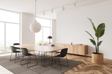 Light office room interior with chairs, table near panoramic window. Mockup