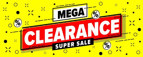 Mega clearance advertisement with super sale for shopping. Promotion website header banner or social media poster vector illustration