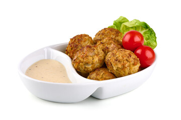 Wall Mural - Fried meatballs in bowl with creams sauces, isolated on white background