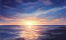Beautiful Sunset In Sea, Sunsets Over Ocean Horizon. A Fabulous Sunset Is Reflected In The Sea Waves. Surf, Waves Hitting The Rocky Shore