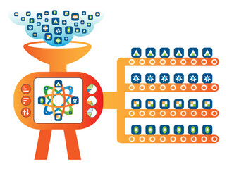 Data sorting and filtering concept. Raw data are ingested into the intelligence sorting system. Irreverent data are discarded while relevant data are sorted as output.