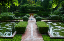 Formal English Garden With Neatly Trimmed Hedges And Peaceful Lily Ponds