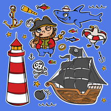 CAPTAIN HOOK AND LIGHTHOUSE Pirate Sailboat With Black Sails Hand Drawn Cartoon Stickers Sea Attributes And Objects Vector Illustration Set For Design And Print