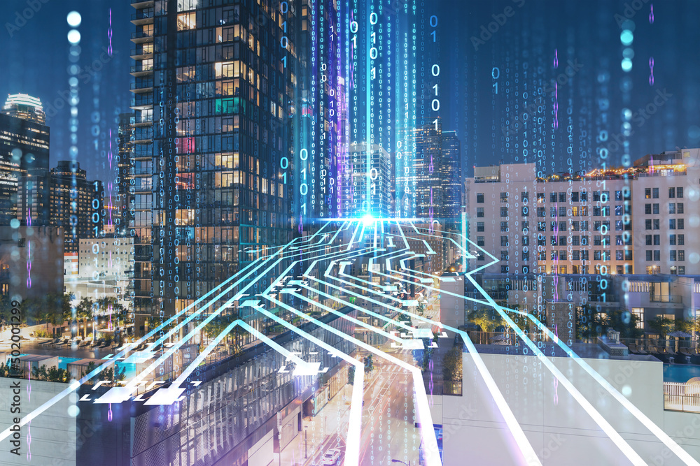 Los Angeles illuminated cityscape downtown at night, California, USA. Skyscrapers of LA city. Hologram of Artificial Intelligence concept. AI and business, machine learning, neural network, robotics
