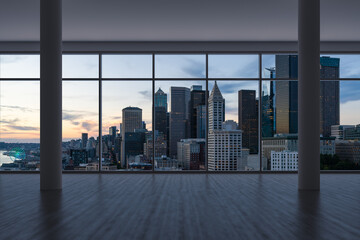 Empty room Interior Skyscrapers View. Cityscape Downtown Seattle City Skyline Buildings from High Rise Window. Beautiful Real Estate. Sunset. 3d rendering.