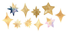 Set Of Gold Stars Isolated On White Background. Golden Hand Drawn Abstract Star Collection. . High Quality Illustration