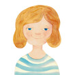 Girl with blonde hair in a striped t-shirt. Watercolor illustration, hand drawn